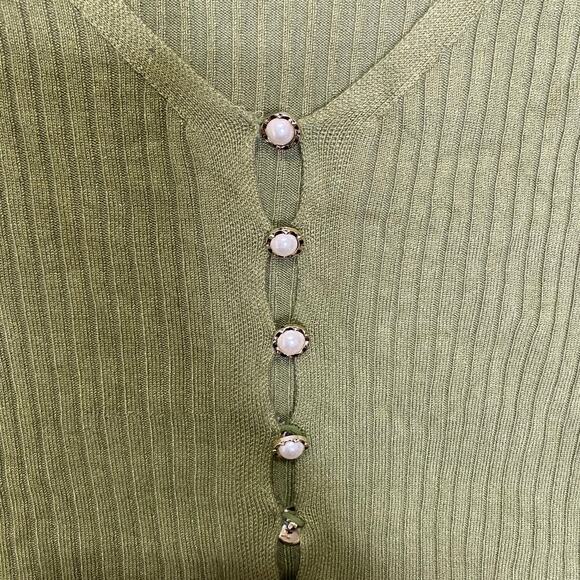 Pink Robin womens S green cropped cardagain Y2K pearl buttons ribbed stretch - Picture 5 of 8